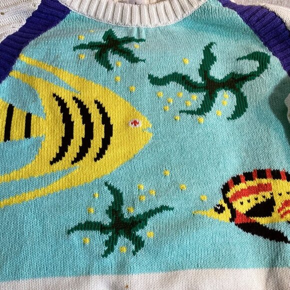 Woman's Fish Ocean Sweater White Large 100% Cotton Colorful Sea Life New - Picture 2 of 8